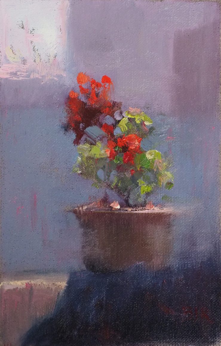 Geraniums by Barry John Raybould, oil on linen, showing how to use focal point in your painting