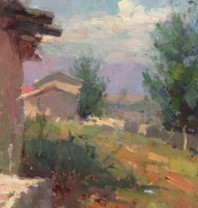 Cat. No. 1137 Zhaosu Kasakh Village, The Mountains Beyond - 30cm x 24cm - Oil on Linen - 2015 - collection Yan Ruming
