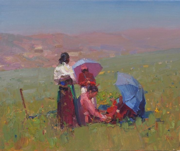 oil painting landscape of The Pilgrims Picnic, Sichuan by Barry John Raybould, Cat. No. 1247