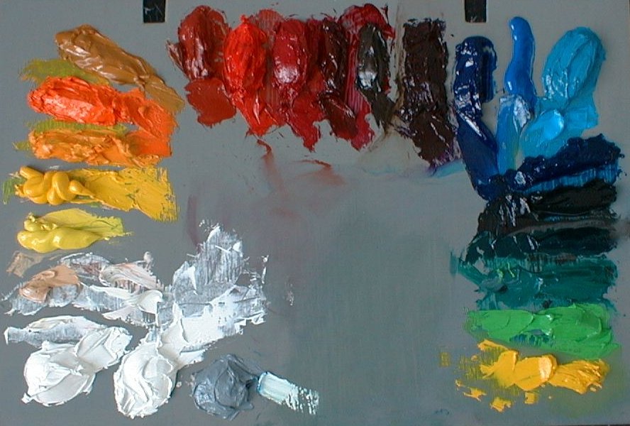 Mixes oil paints on palette with brush Stock Illustration by