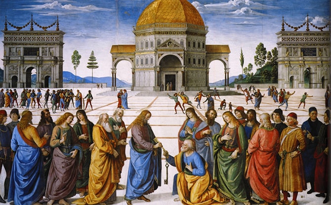 Example of Linear Perspective in fresco by Pietro Perugino. The Delivery of the Keys
