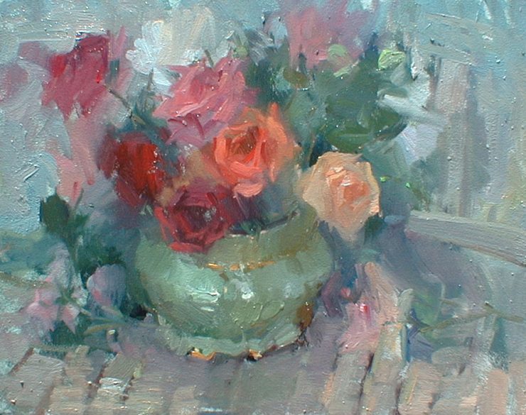 Green Vase, Red Roses by Barry John Raybould, Oil on canvas