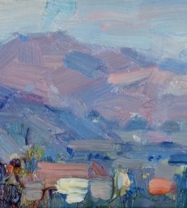 Cat. No. 1427, Lake Skadar Valley Panorama, Montenegro, by Barry John Raybould - 12.5cm x 35.5cm - Oil on Board - 2021