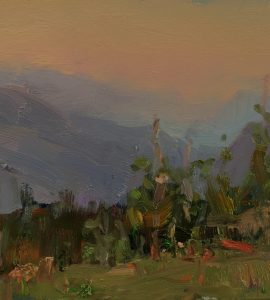 oil painting landscape of Dusk Over Quercia, Italy, by Barry John Raybould