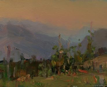 oil painting landscape of Dusk Over Quercia, Italy, by Barry John Raybould