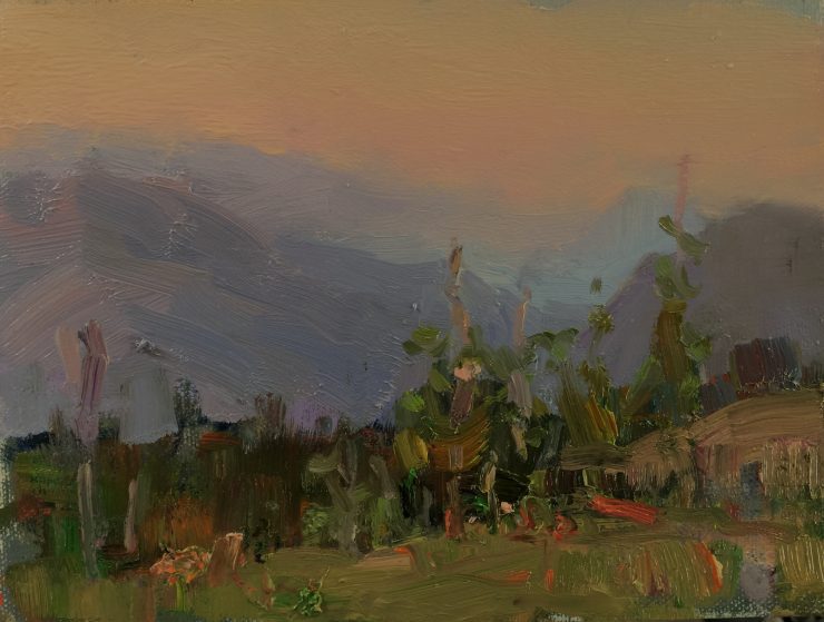 oil painting landscape of Dusk Over Quercia, Italy, by Barry John Raybould