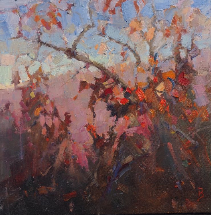 oil painting landscape of Autumn Persimmons, Montenegro, by Barry John Raybould