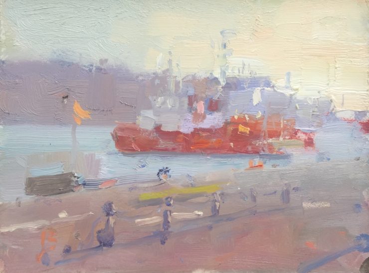 Cat. No. 1491 Setting Sun over the Port of Bar, Montenegro 15cm x 20cm - Oil on Board - 2022