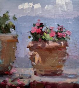 Cat. No. 1500 Pink Geraniums, Italy - 8in x 10in - Oil on Linen - 2023