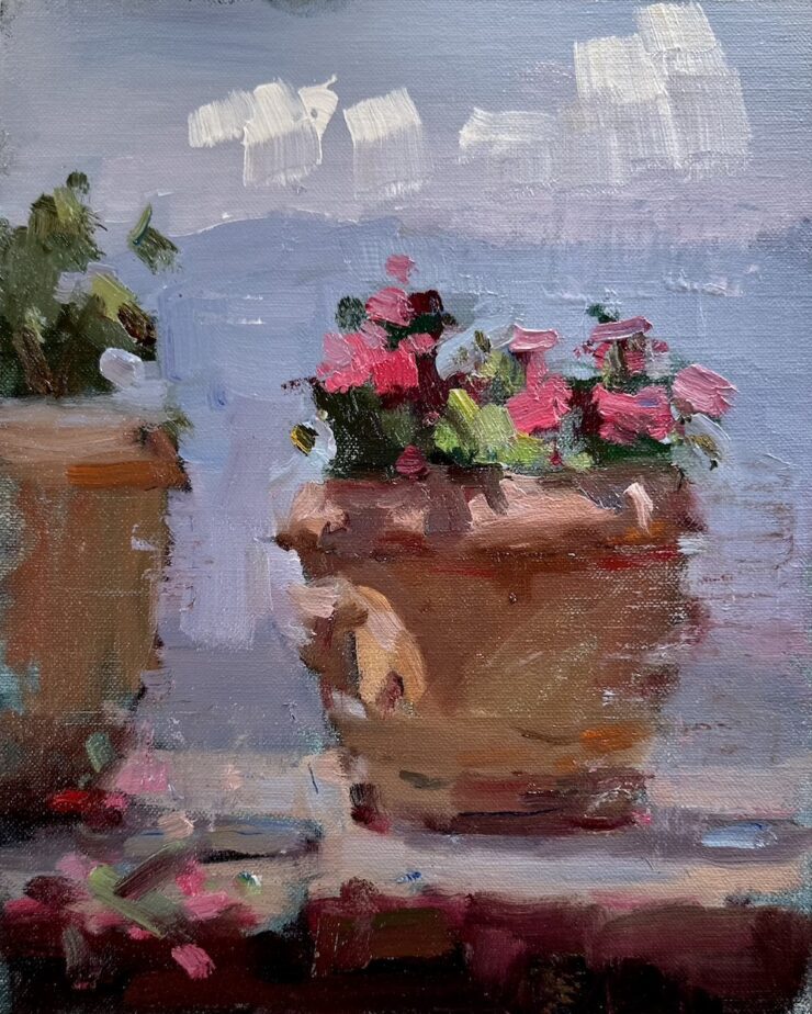 Cat. No. 1500 Pink Geraniums, Italy - 8in x 10in - Oil on Linen - 2023